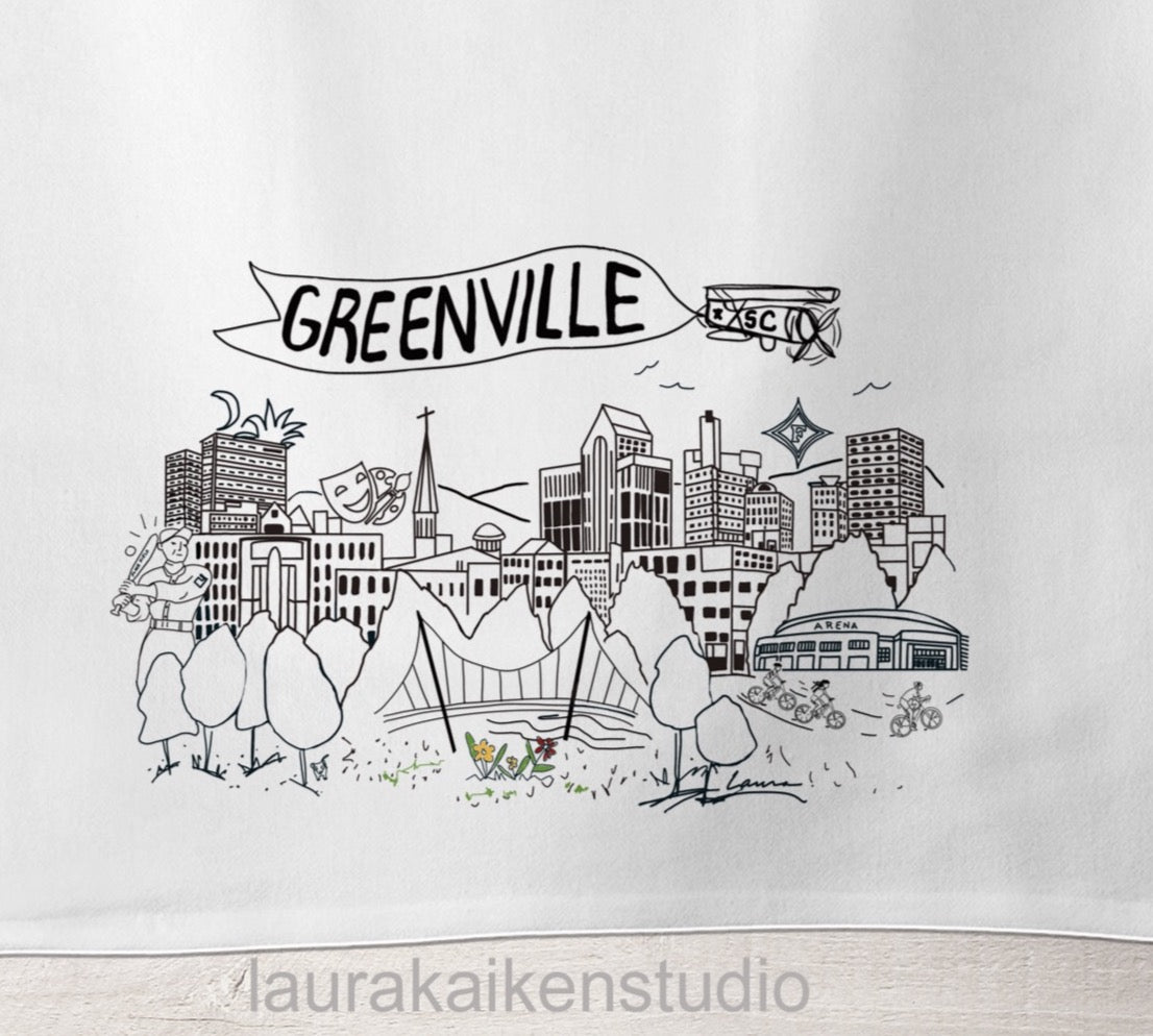 Greenville SC Line Drawn Tea Towel image 1