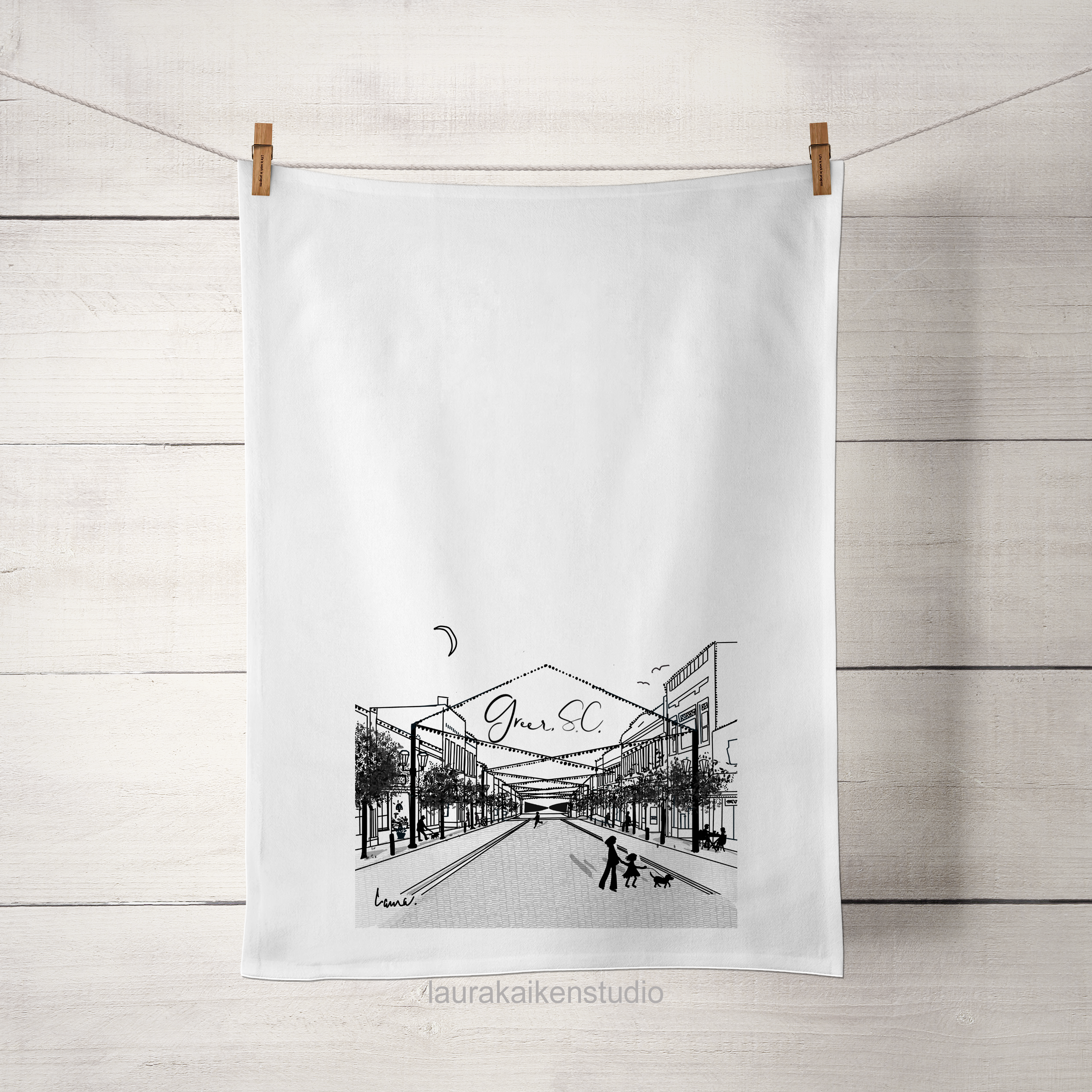 Downtown Greer SC Line Drawn Art on Tea Towel image 0