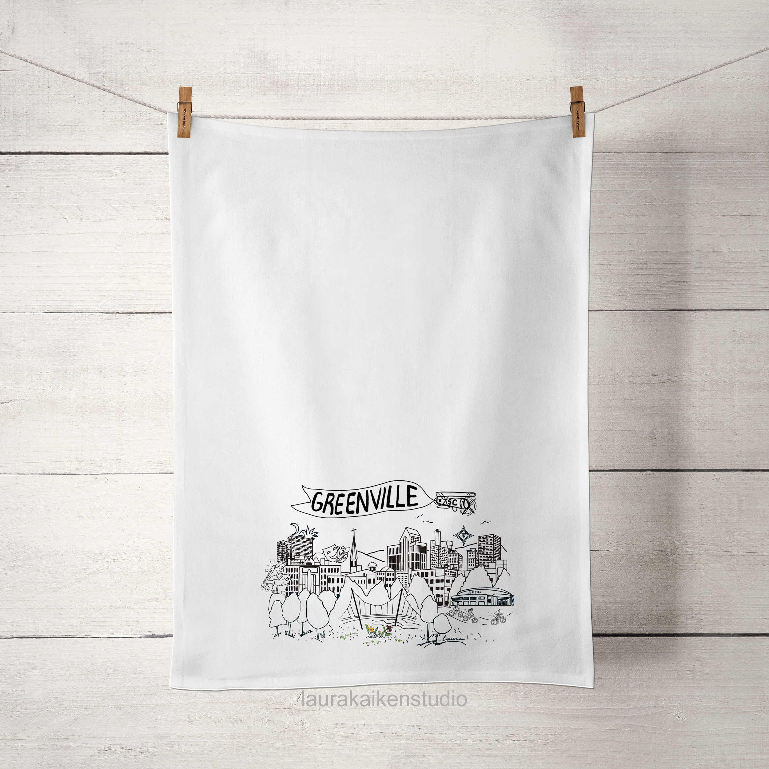 Greenville SC Line Drawn Tea Towel image 0
