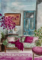 Decorative painting of a living room with a floral couch, purple flowers, and a aqua blue door. Laura K Aiken Studio