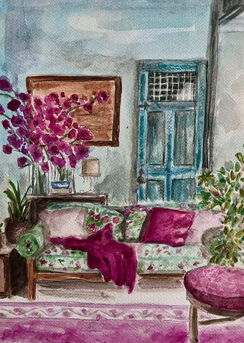 Decorative painting of a living room with a floral couch, purple flowers, and a aqua blue door. Laura K Aiken Studio