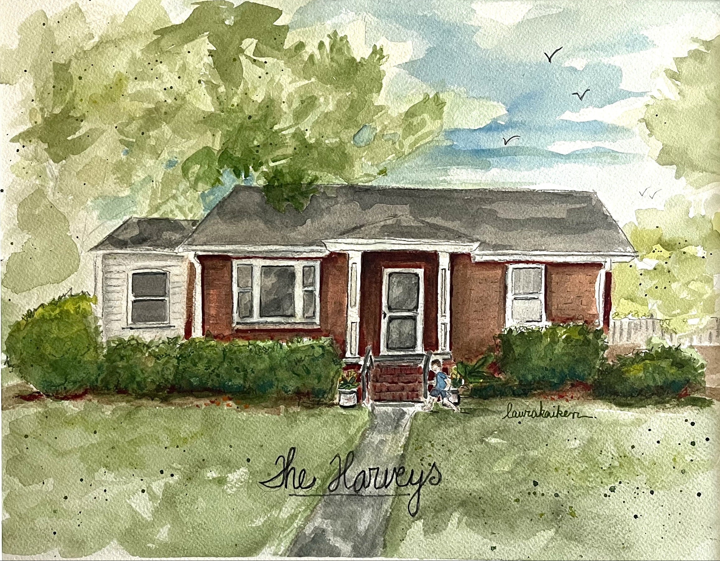 Framed watercolor painting of a house with 'the harveys' text