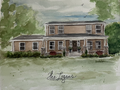 Watercolor painting of a house with 'The Logans' signature on a white mat.