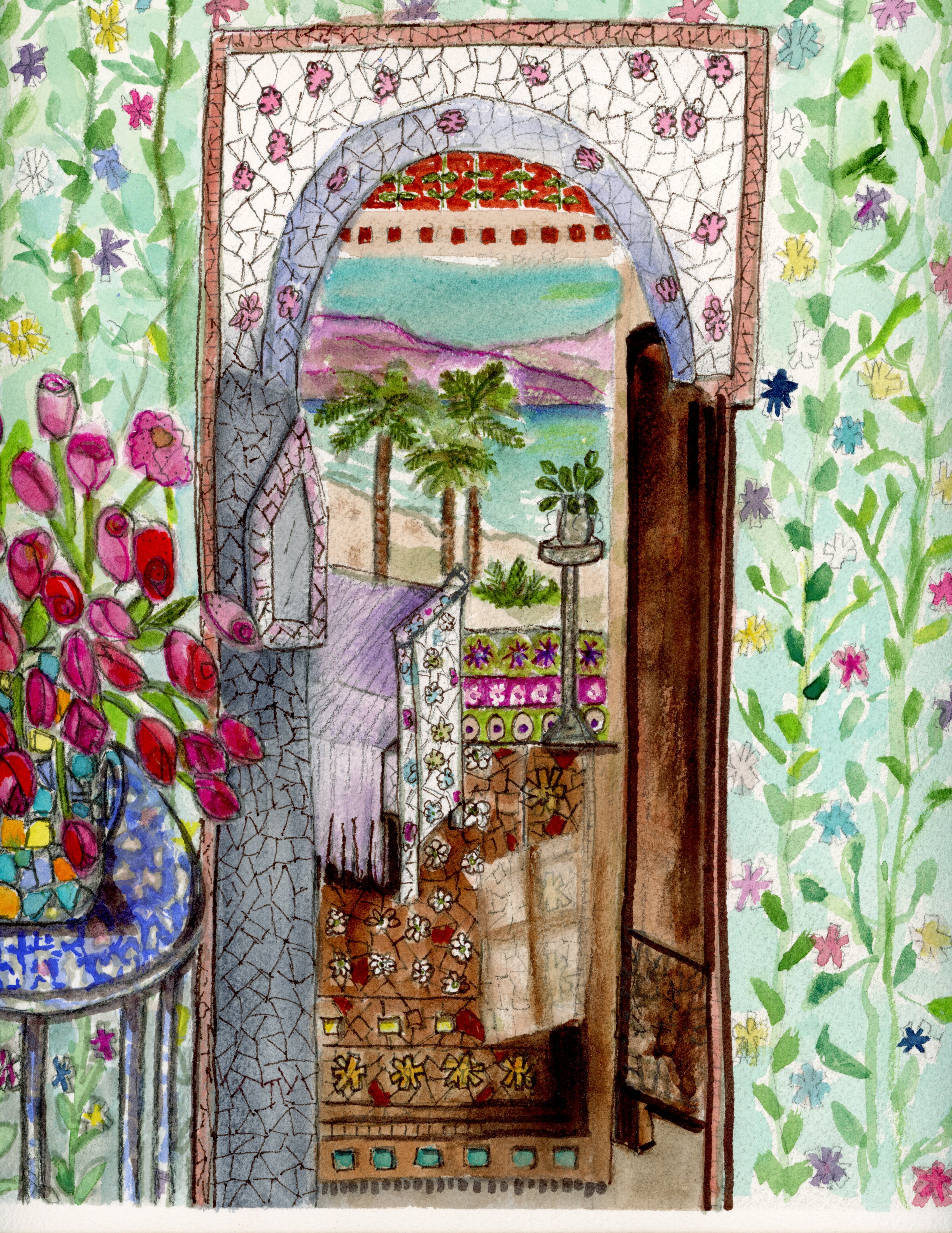 Decorative illustration of a mosaic door with floral patterns and a scenic view.