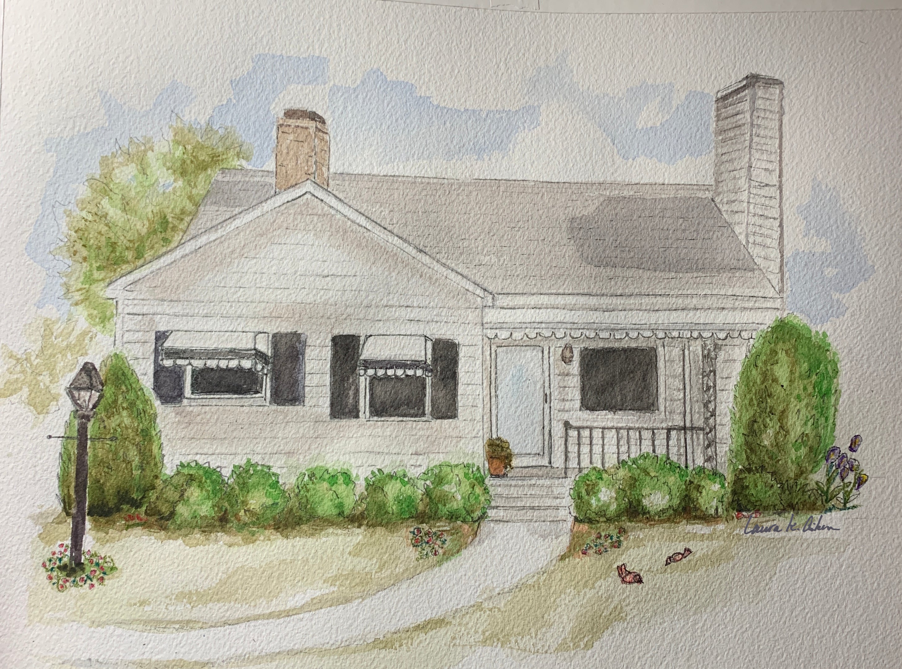 Illustration of a house with a driveway and garden Laura K Aiken Studio