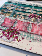 Artistic depiction of a sofa with floral elements and textured patterns