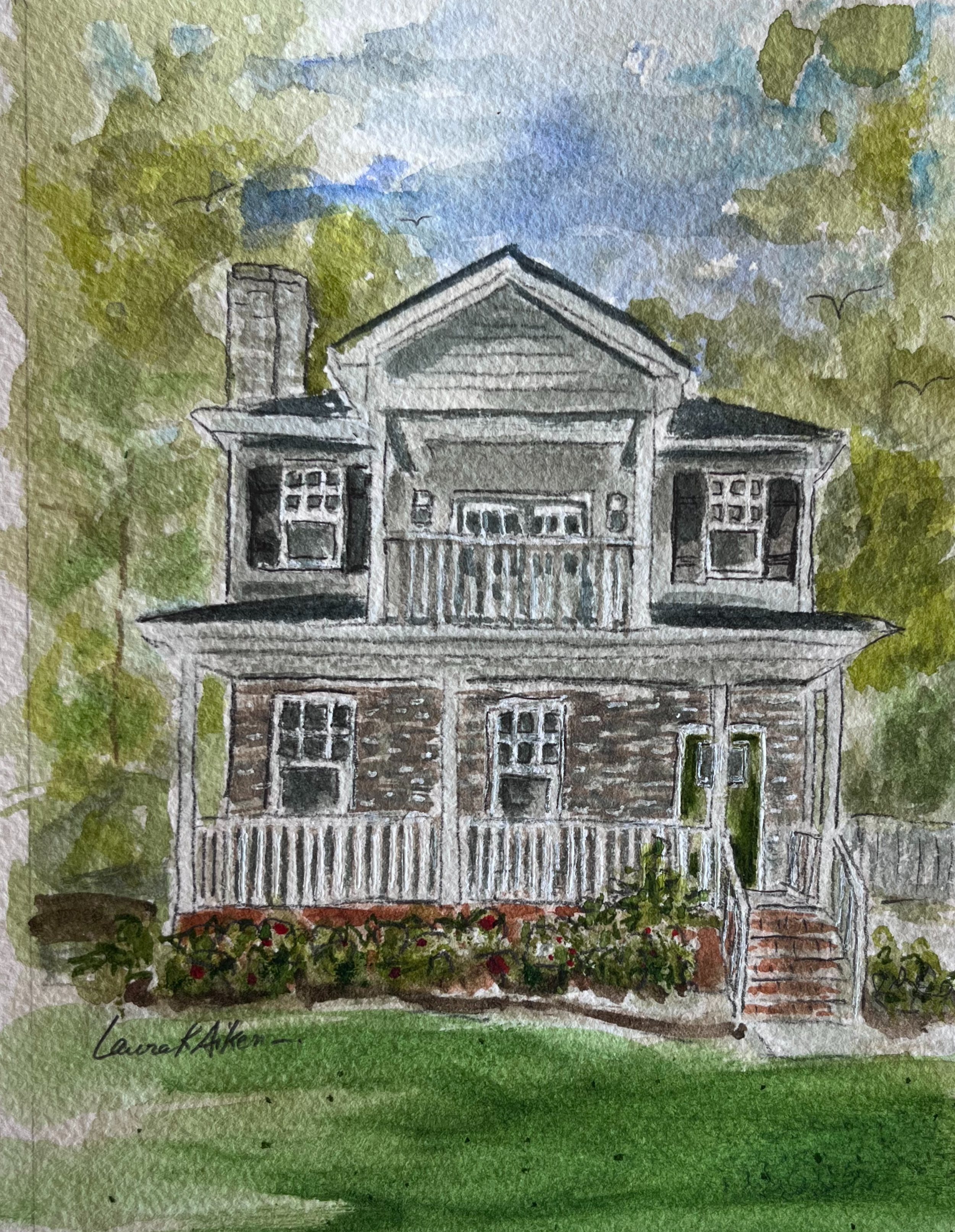 Painting of a house with greenery on a white paper