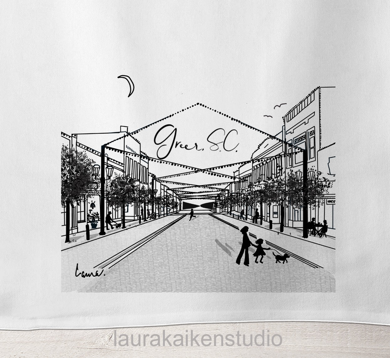 Downtown Greer SC Line Drawn Art on Tea Towel image 1