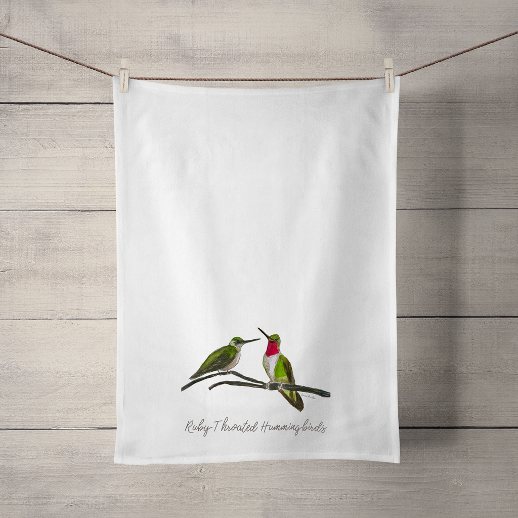 Ruby Throated Hummingbirds Couple Tea Towel image 0
