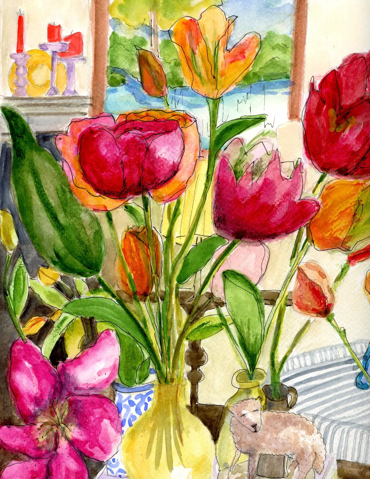 Colorful painting of tulips in a vase with a sheep and decorative items in the background.