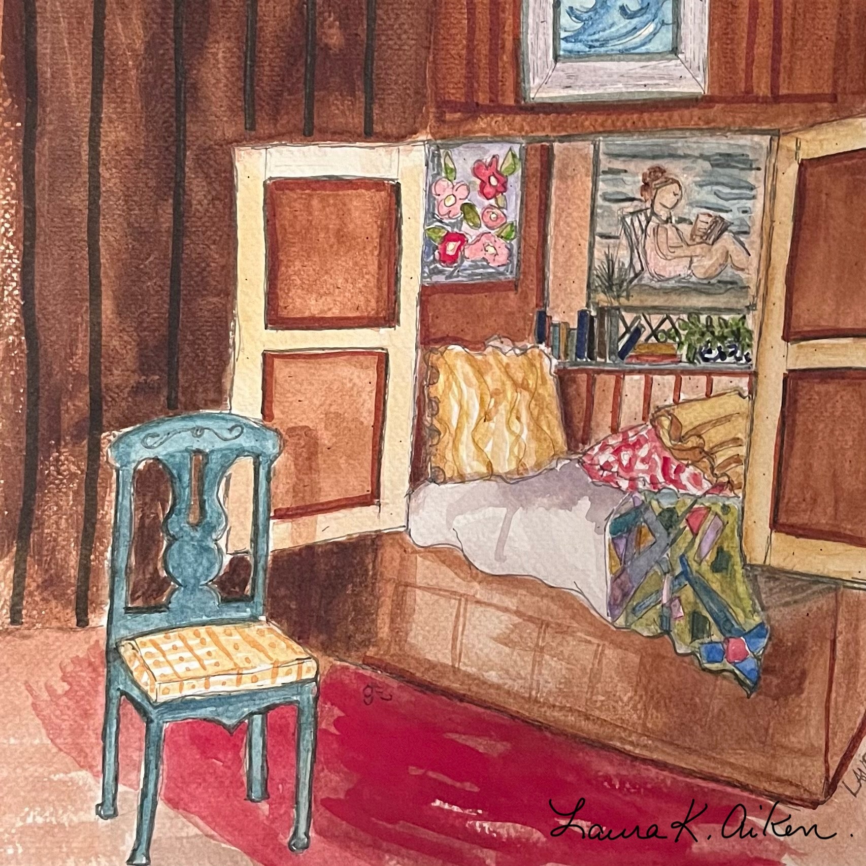 Illustration of a cozy room with a bed, chair, and wall art. Artist Laura K Aiken