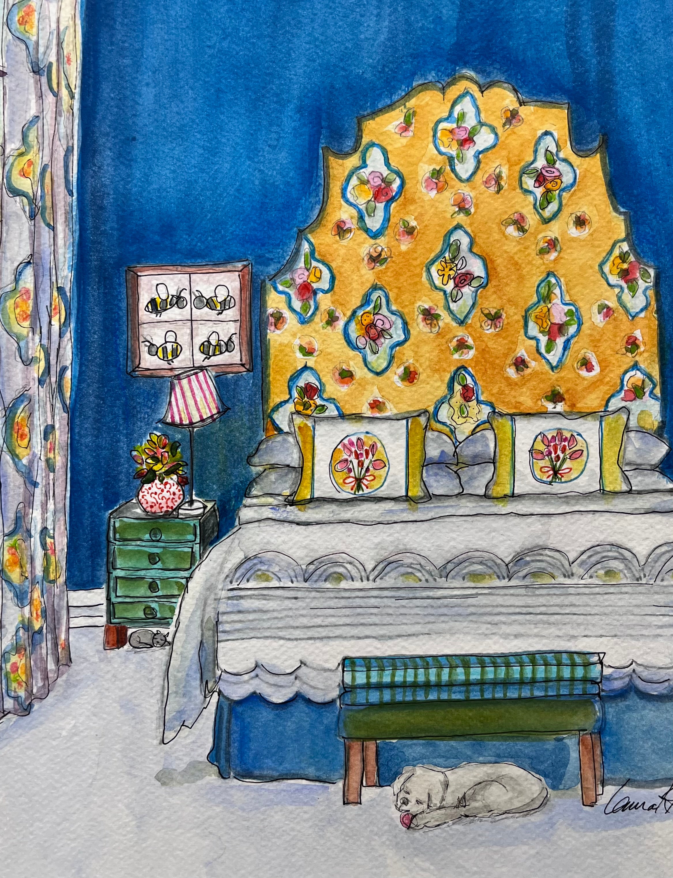 Colorful bedroom scene with floral headboard, nightstand, cat and dog. Artist Laura K Aiken