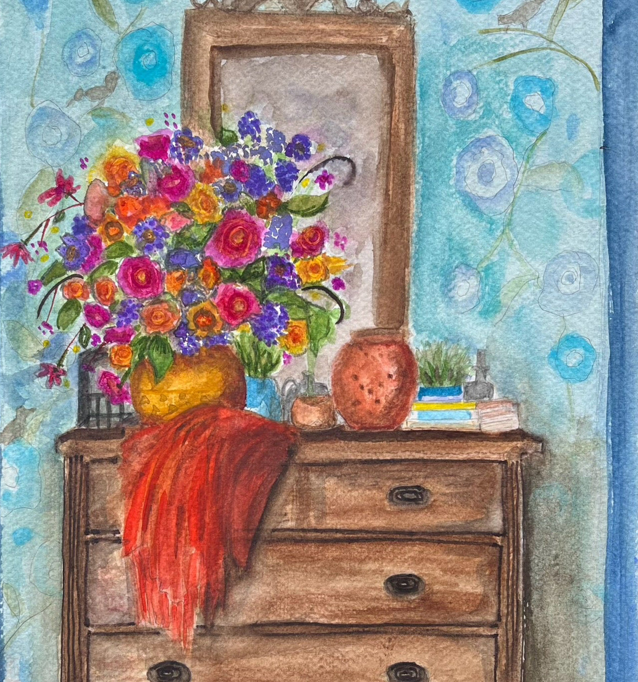 Watercolor painting of a wooden dresser with flowers and a mirror, against a floral-patterned wall. Artist Laura K Aiken