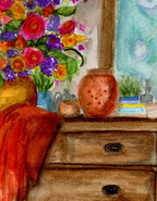 Watercolor painting of a dresser with flowers and a mirror Artist Laura K Aiken