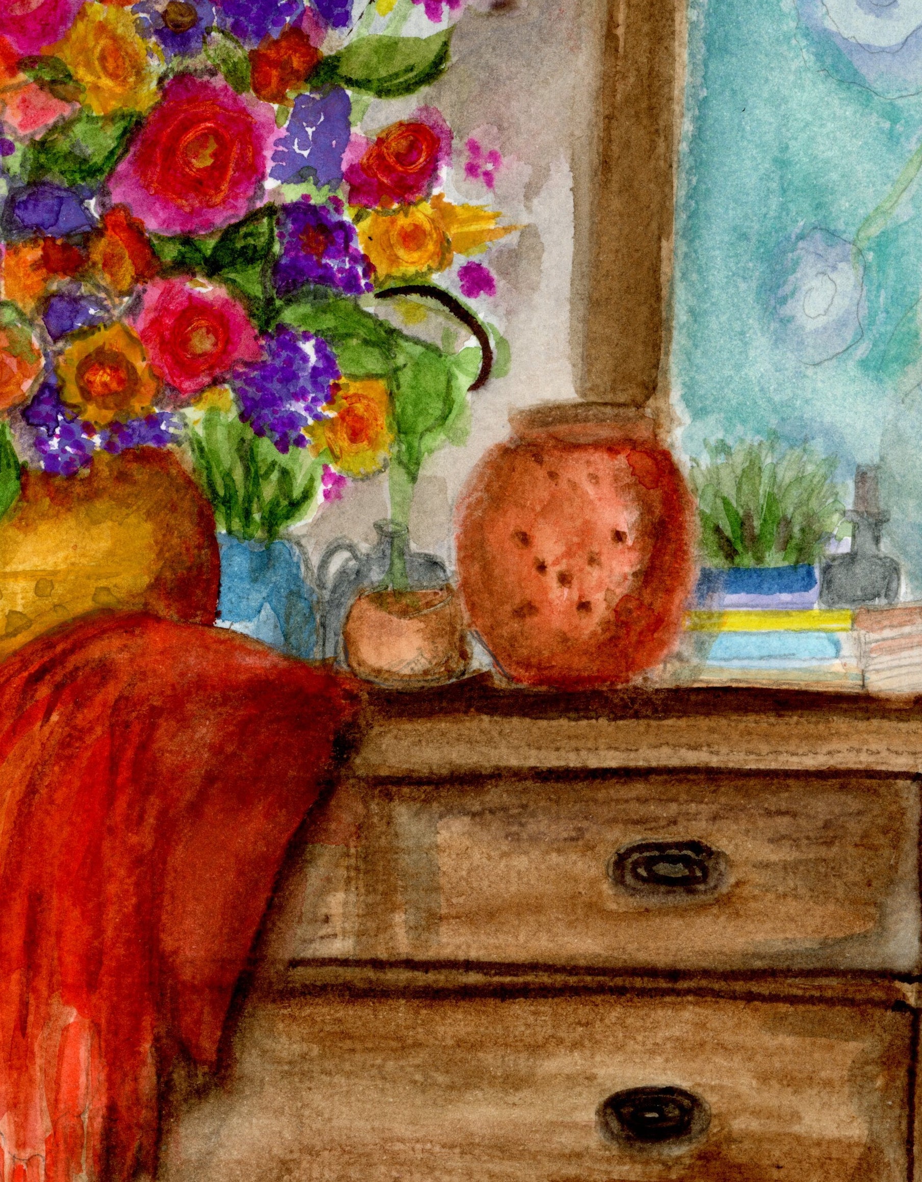 Watercolor painting of a dresser with flowers and a mirror Artist Laura K Aiken