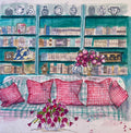 Artistic depiction of a cozy living room with bookshelves, a sofa, and floral arrangements. Laura K Aiken
