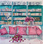 Artistic depiction of a cozy living room with bookshelves, a sofa, and floral arrangements. Laura K Aiken