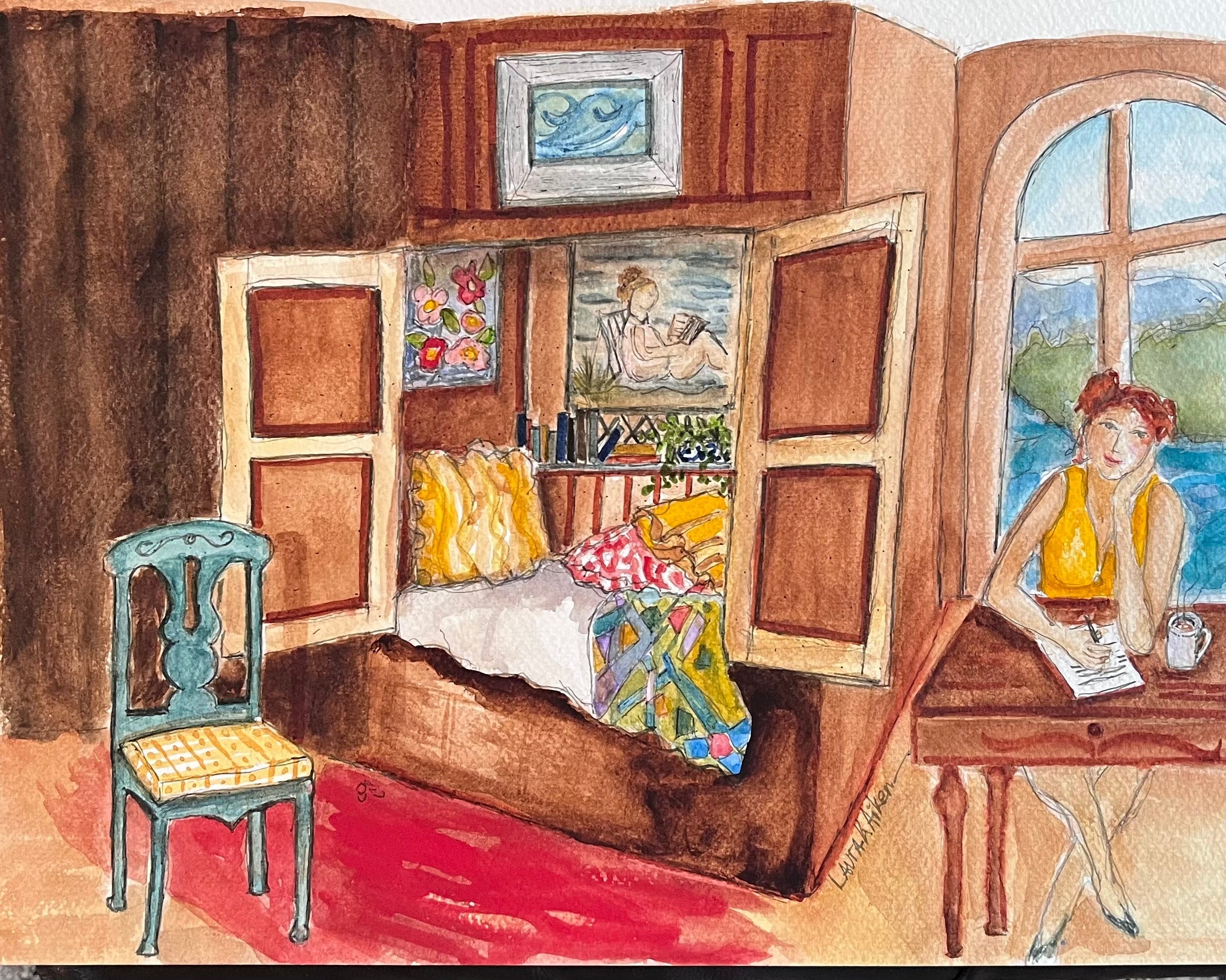 Illustration of a cozy room with a bed, chair, and window view. Artist Laura K Aiken