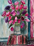 Artistic depiction of a room with tulips, books, and a chair. Artist Laura K Aiken