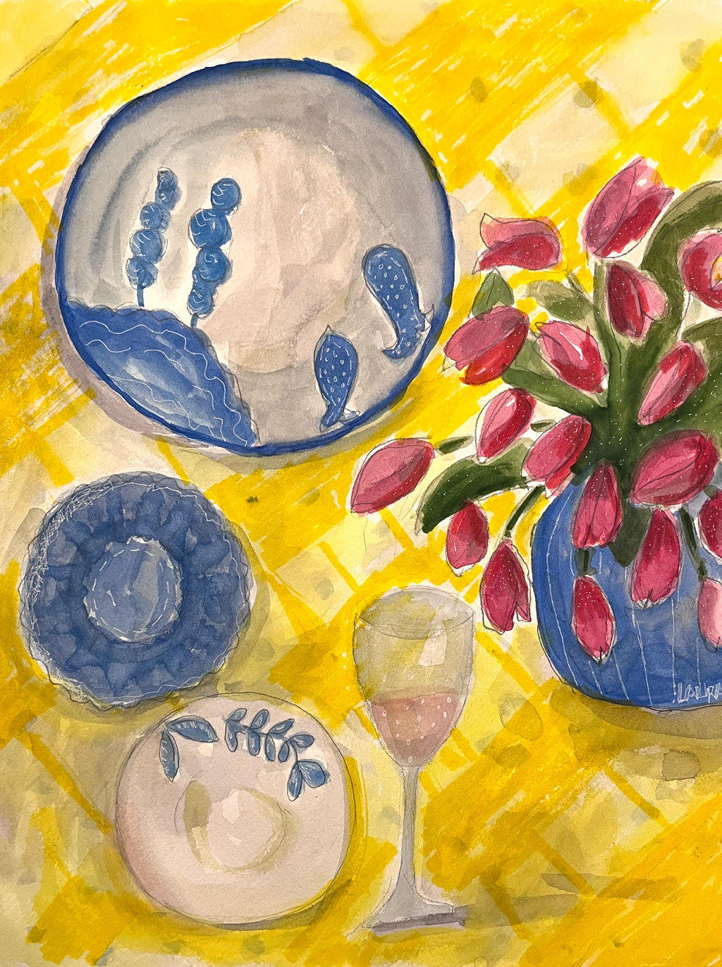 Painting of blue ceramic plates, a glass of wine, and a vase with pink tulips on a yellow background. Laura K Aiken Artist