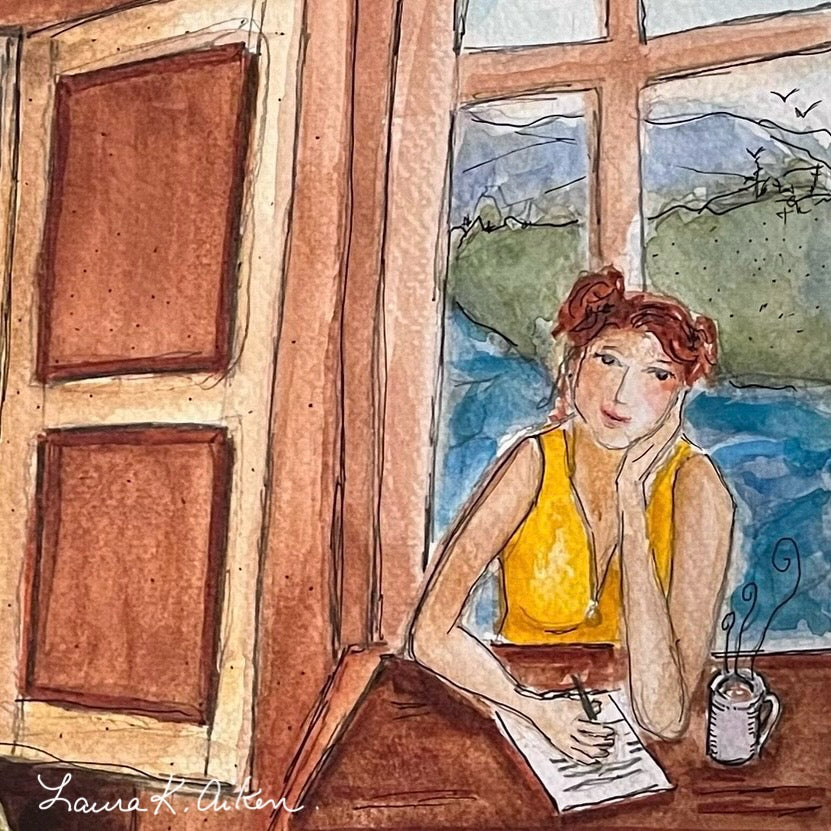 Illustration of a woman sitting at a table by a window, writing in a notebook. Artist Laura K Aiken
