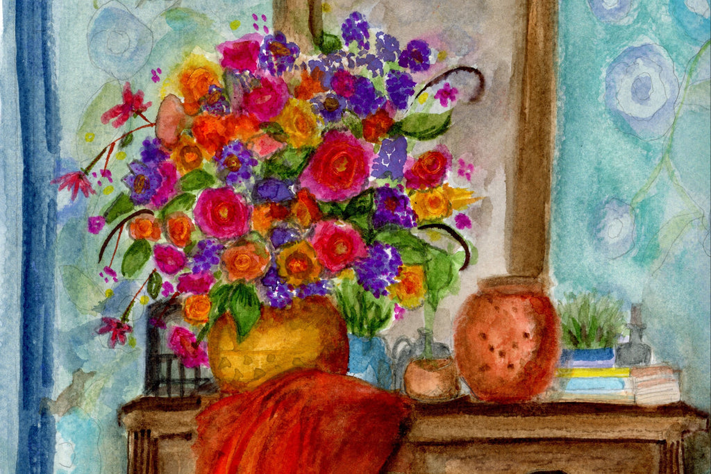 Watercolor painting of a dresser with flowers and a mirror. Laura K Aiken,artist